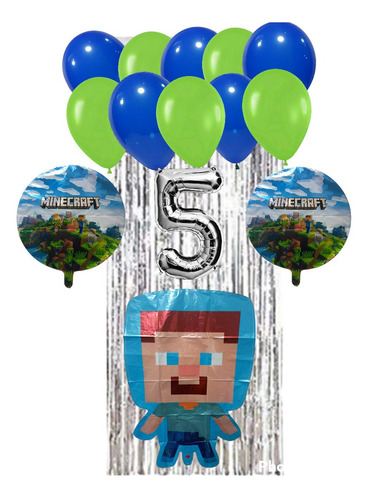 Combo De Globos Temática Minecraft Cumpleaños 