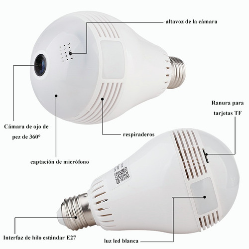 Imagen 3 de 10 de Camara Wifi 360º Bombilla Visión Nocturna 1080p