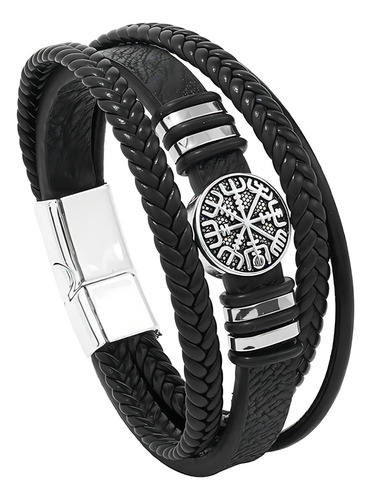 Pulsera Cuero Vikinga Vegvisir Valknut Hombre Mujer Layers Color Negro-vegvisir Diámetro 8 Cm Largo 21 Cm