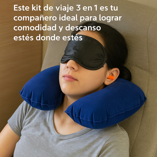 Kit De Viaje 3 En 1 Almohada Inflable Cuello Antifaz Tapones Gris Oscuro Liso