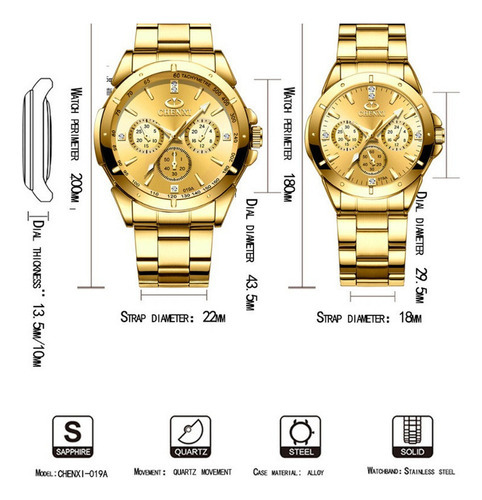 Relojes de negocios luminosos Chenxi, 2 piezas, color de fondo dorado/negro