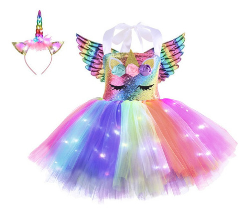 Vestido De Princesa Unicornio Con Luz Led De 3 Piezas Y Diad