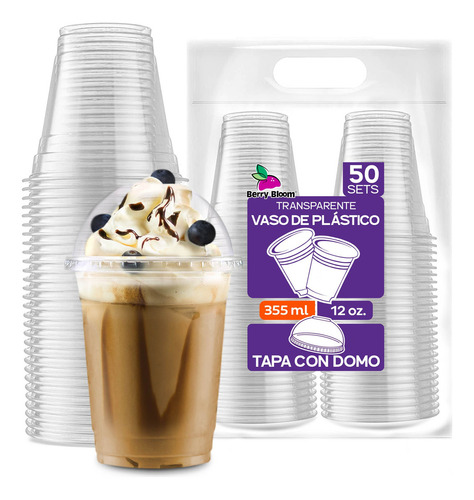 50 Vasos Desechables Plástico 12 Oz Transparentes Con Tapa Tipo Domo Reutilizables Para Bebidas Frías Café Smoothie Eventos Fiesta Restaurante Delivery Resistente Y Práctico