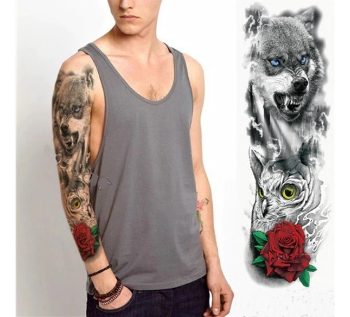 Tatuagem Temporária Masculina E Feminina Lobo E Rosas