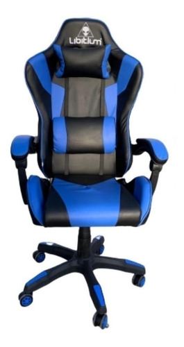 Imagen 1 de 1 de Silla de escritorio Libitium Gamer gamer ergonómica negra y azul con tapizado de cuero sintético