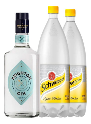 Gin Brighton London Dry 700ml + 2 Agua Tonica Schweppes 1.5l