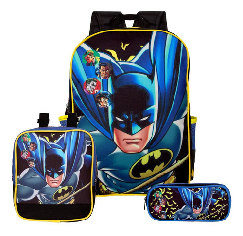 Mochila Masculina Batman De Costas + Kit Lancheira E Estojo