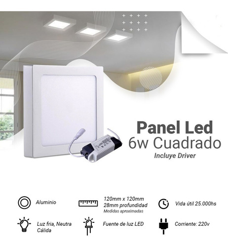 Panel Led Aplicar Cuadrado 6w Werke Pack X 10 Unid.