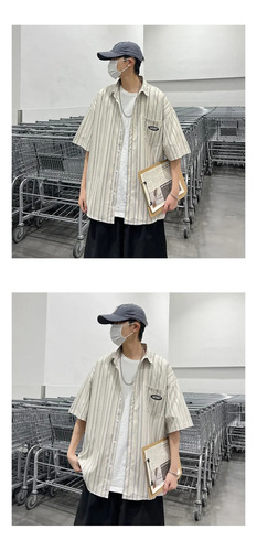 Camisa De Manga Corta A Rayas Para Hombre, Estilo Casual Hip