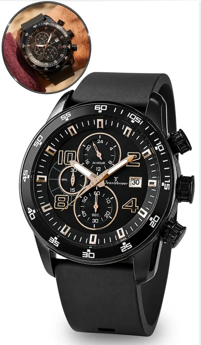 Relógio Jean Vernier Masculino Cronógrafo Prova D'água 100m Preto