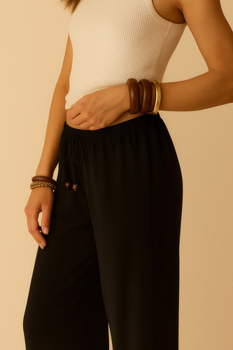 Pantalón Fluido Recto Cintura Elástica Con Jareta High Stree