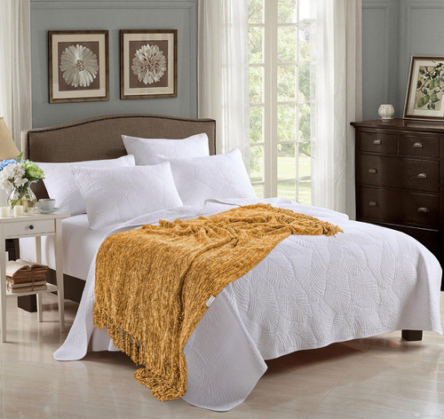 Imagen 3 de 6 de Pie De Cama Manta Tejida Chenille - Importada Usa - Mostaza