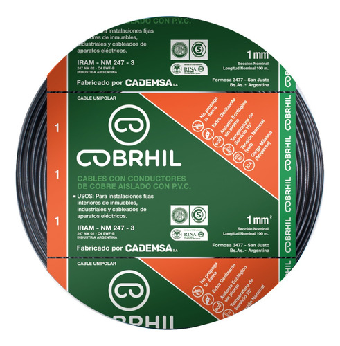 Cable Unipolar Cobrhil 1x1 Mm² Rollo 100mts Varios Colores
