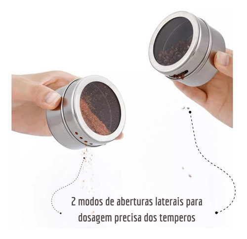 Potes De Tempero Magnéticos Em Aço Inox Com Base Kit 6