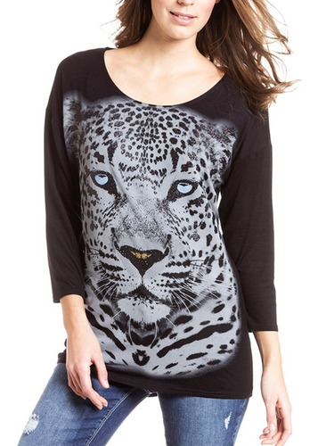 Remera Negra Leopardo Y Strass Importada Talle Grande