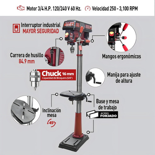 Taladro De Columna De Piso de 13" Para uso profesional Mesa de trabajo de hierro inclinable Motor 3/4 HP 120/240 V 60 Hz. Modelo KN DP-13F KNOVA