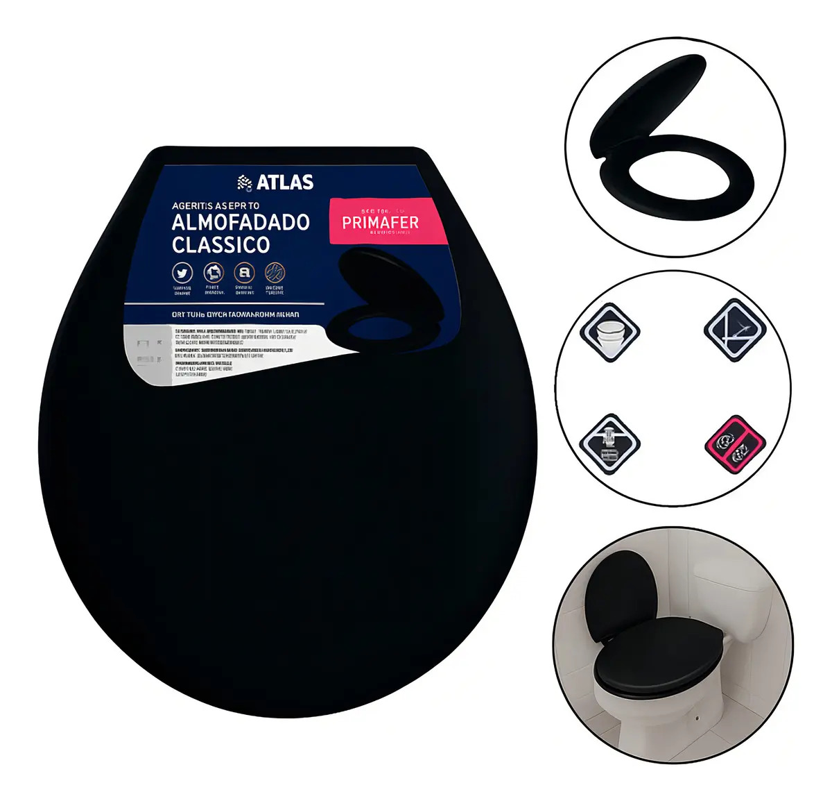 Tampa De Privada Assento Sanitário Almofadado Branco Atlas Cor Preto