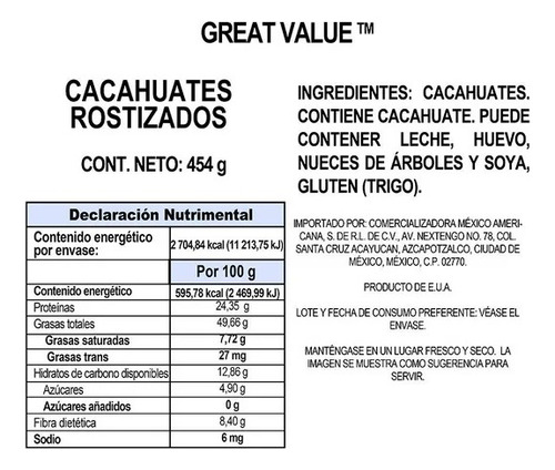 2 Pzs Cacahuates Great Value Rostizados 454 G