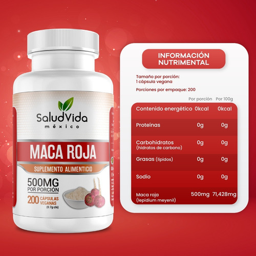 Imagen 2 de 3 de Maca Roja 200 Cápsulas 500mg