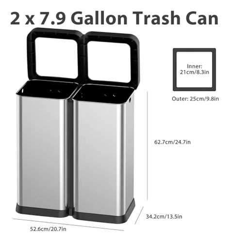 Cubo de basura rectangular de 30 litros/8 galones, cubo de basura  rectangular de doble compartimento para reciclaje de cocina con tapa de  cierre