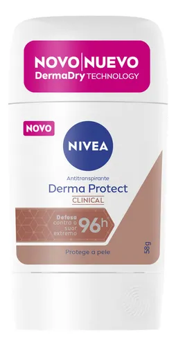 Embalagem frontal do desodorante Nivea Derma Protect Clinical 58g em fundo branco
