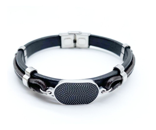 Pulseira Bracelete Masculina Couro + Aço