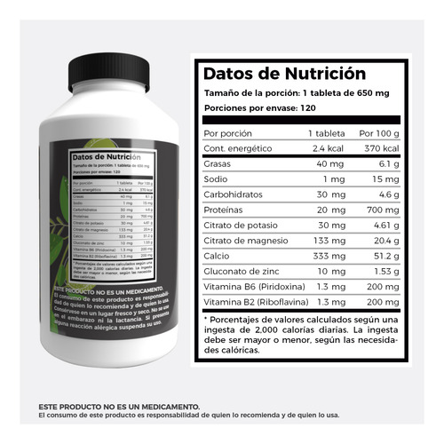 Citrato De Magnesio Potasio + Calcio 120 Tabletas 650mg Sabor Sin Sabor
