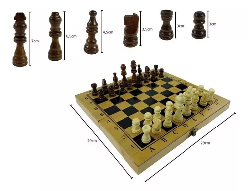 Tabuleiro 3 em 1 xadrez dama e gamão de madeira pequeno - Chess