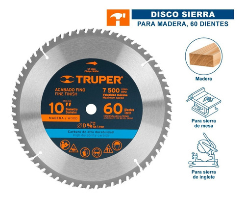 Disco Sierra Madera 10' 60 Dientes Centro 5/8' Truper 18306 Color Plateado