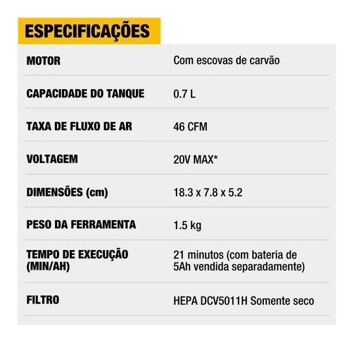 Aspirador de Pó Portátil Sem Fio Dewalt, Modelo DCV501HB, Ferramenta Ideal para Limpeza de Canteiros de Obra, Kit Acompanha 2 Baterias, 1 Carregador e Bolsa para Transporte, 20V