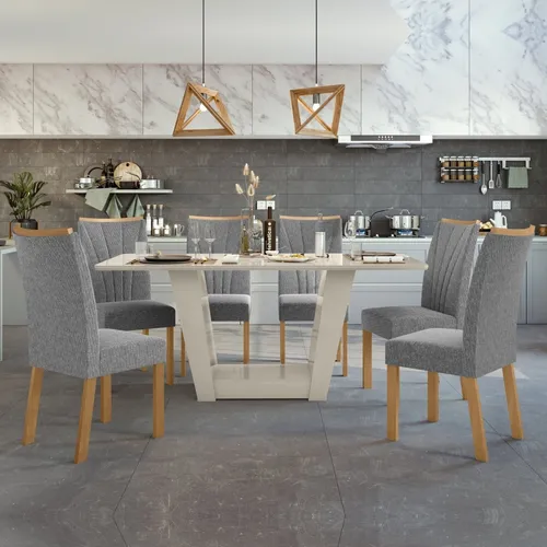 Mesa De Jantar 160x80cm Tampo Mdf/vidro Com 6 Cadeiras Cg