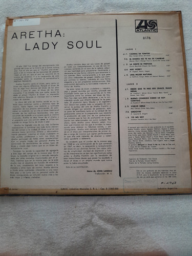 Disco Vinilo Aretha Franklin Lady Soul Ed. 1968 (Usado)