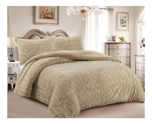 Cobertor Cubre Cama Sherpa 1,5 Plaza + 1 Fundas Beige