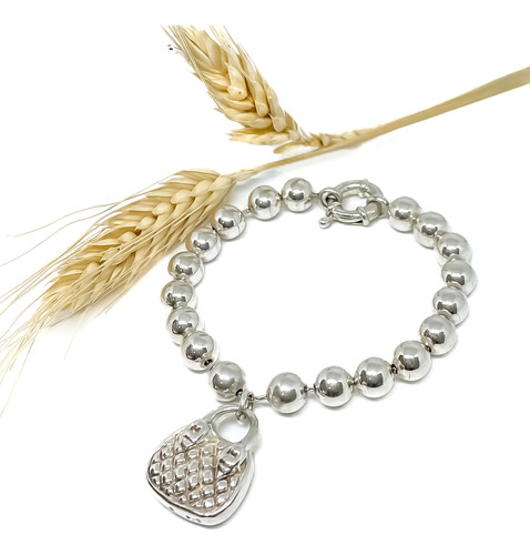 Pulsera Bolas Con Dije Cartera Plata 925 19 Cm 