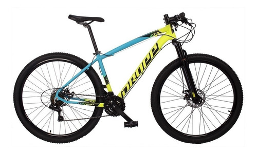 Mountain bike Dropp Bikes Z7-X aro 29 15" 21v freios de disco mecânico câmbios Dropp cor amarelo/azul com descanso lateral