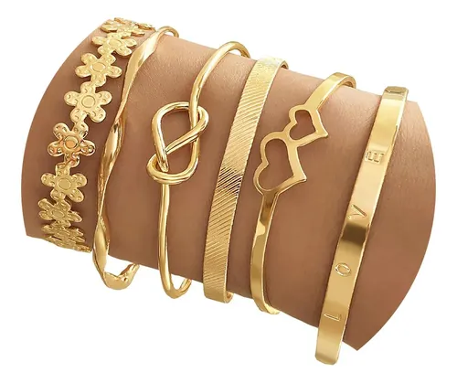 Conjunto De 6 Pulseiras Femininas Banhadas A Ouro  18k Luxo Dourado