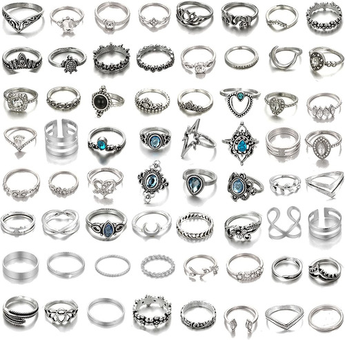 Juego De 64 Anillos De Nudillos De Plata Vintage Para Mujere