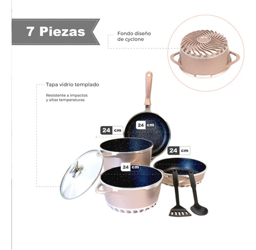 Batería De Cocina Cyclone Aluminio Fundido Bronce 7 Pz Rosa Claro