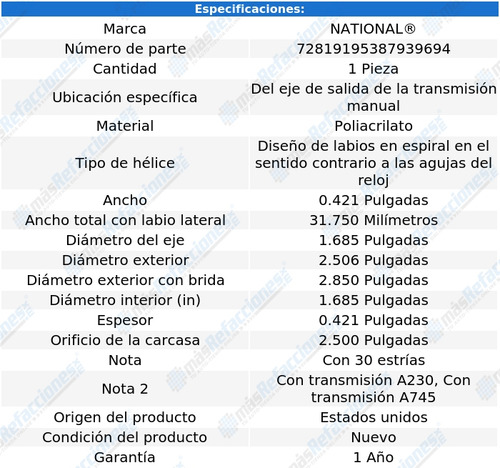 1 Retén Eje Salida T/ M D100 Pickup 68 Al 74 National