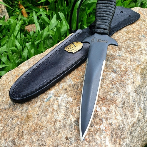 Punhal Tático Militar Elmo Black Todo Preto Cabo Em Paracord