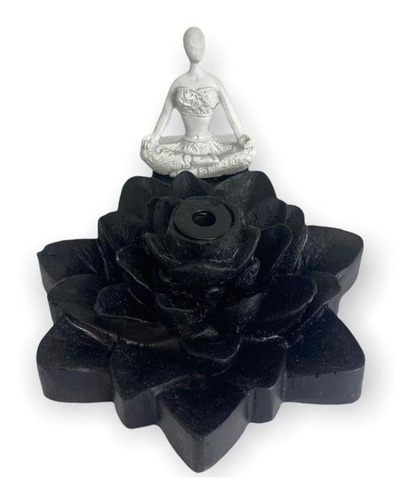 Incensario Cascata Flor Lotus Yoga Branco Pr 7cm Resina Cor Preto