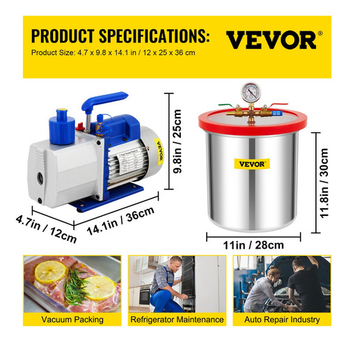Vevor Kit Cámara De Vacío De 5 Galones+bomba De Vacío 7cfm