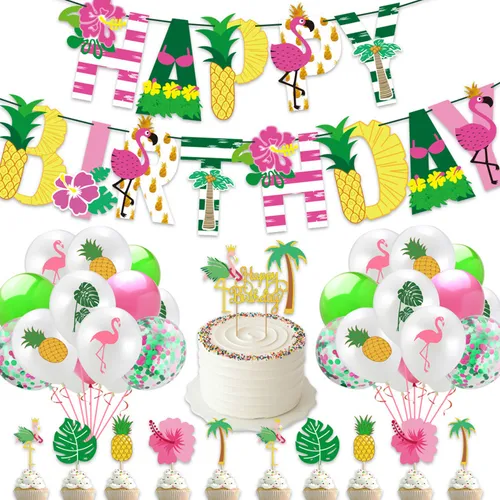 Happy Birthday Banner Balloons Hawaiian Decoration Top Hat