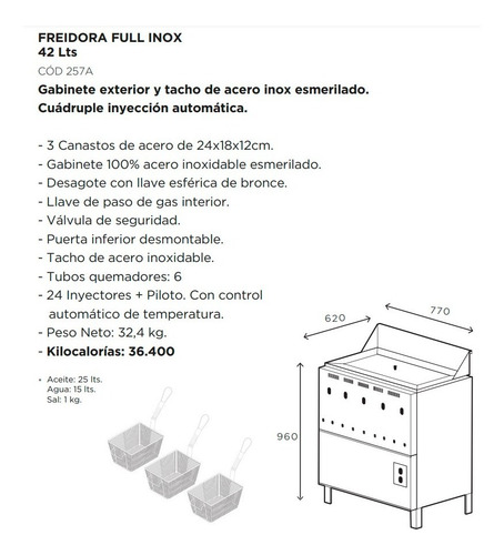 Freidora Automática Sol Real 42 Lt Fullinox 4 Inyectores 257