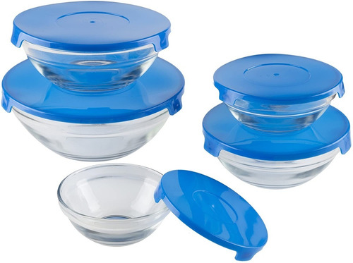 Imagen 5 de 9 de Pack Set 5 Bowls De Vidrio + Set 6 Tapas Silicona Ajustable
