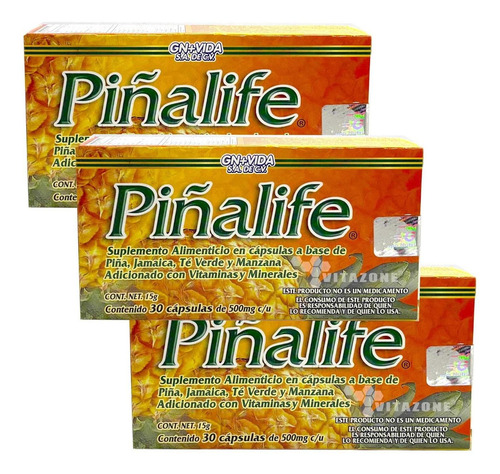 Imagen 1 de 5 de Piñalife 3 Cajas De 30 Cápsulas Gn+vida Piña Jamaica Te Verd