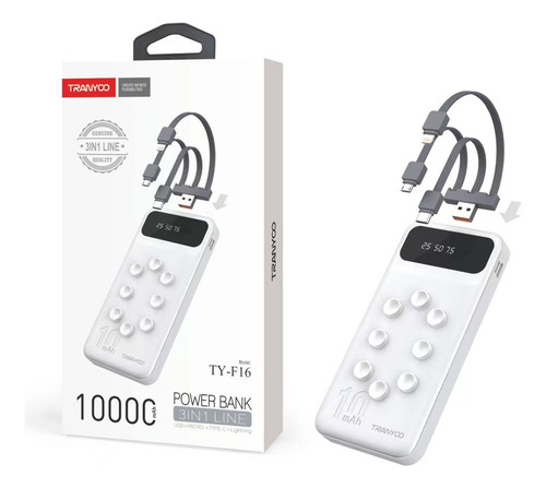 Power Bank 10000mahportable, 2usb+3cabo, Para Most Devices Cor Branco