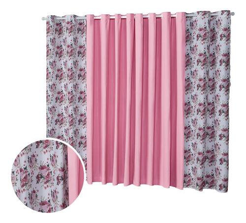 Cortina Floratta 3,00 X 2,20m Sala Quarto Estampada Floral Cor Rosa