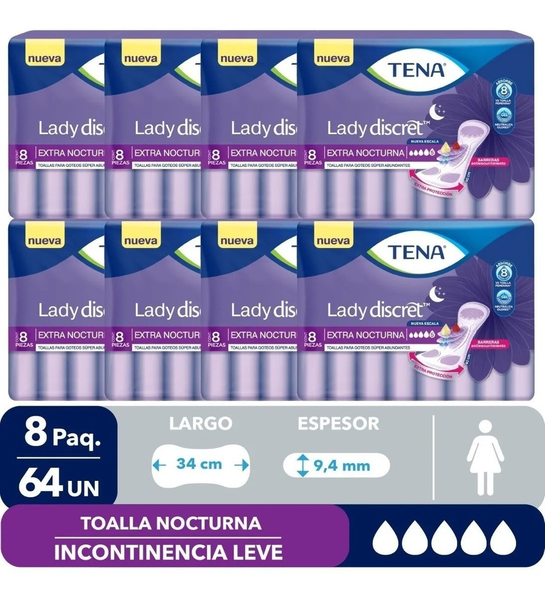 Tena Lady Discret Extra Nocturna Toallas Pack De 8 Paquetes