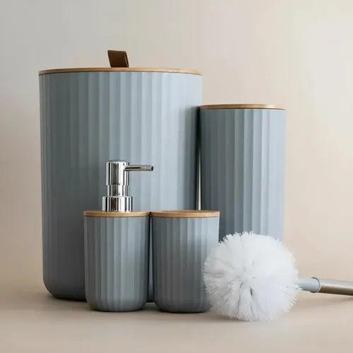 KIT BANHEIRO LAVABO BAMBU 4 PEçAS LIXEIRA ESCOVA DISPENSER CINZA